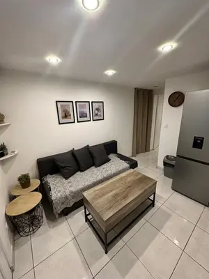 a living room with a couch and a table at Jolie appartement Nice proche mer et aéroport Une chambre plus salon avec cuisine in Nice