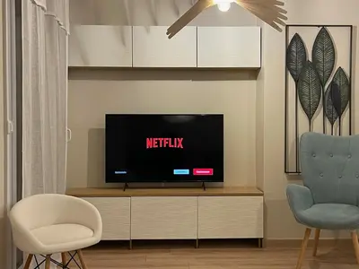 a living room with a tv and two chairs at Reine Marie :Top floor Carré d'or avec accès direct à la mer in Nice