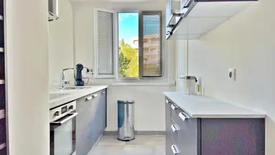 a white kitchen with a sink and a window at LA LANTERNE in Nice