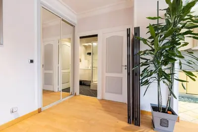 a hallway with a potted plant and a mirror at From 1882, romantic flat, in the Golden Square in Nice