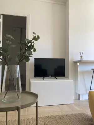 a living room with a tv and a vase on a table at Habana in Saint-Laurent-du-Var