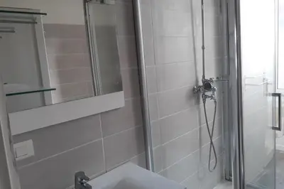 a bathroom with a shower with a sink and a mirror at Spacious Appartment Wifi Next To The Port in Nice