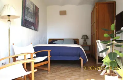 a bedroom with a bed with a blue blanket at NICE - STUDIO indépendant en VILLA - Mer ville calme jardinet in Nice