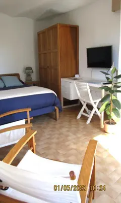 a bedroom with a bed and a desk and a chair at NICE - STUDIO indépendant en VILLA - Mer ville calme jardinet in Nice