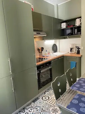 a kitchen with green cabinets and a table with chairs at Suite Alsace Lorraine FSHH in Nice