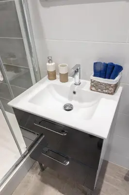 a bathroom with a white sink and a shower at Lovely apartment with terrace Nice centre in Nice