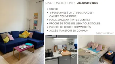 three pictures of a living room with a blue couch at AM STUDIO NICE in Nice