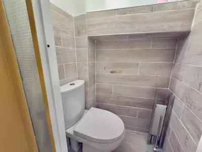 a small bathroom with a toilet and a shower at Ze Perfect Place - Opera Nice - Appartement 2 Chb - AC - Terrasse in Nice