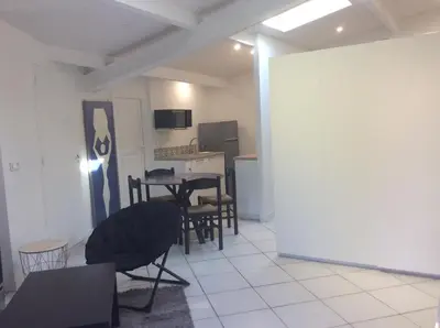 a living room with a table and chairs and a kitchen at Les palmiers in Nice