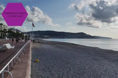 a view of a beach with a purple sign at Studio - 1 minute de la plage et de la Promenade des Anglais in Nice