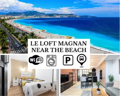 a collage of photos of a hotel room and a beach at Loft Magnan - PARKING - idéal couples -BEACH -TRAM & Supermarkets - New & Confort-AC in Nice