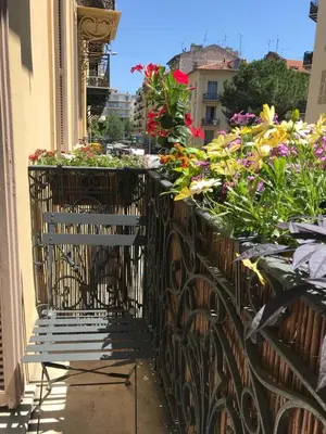 a bench sitting on the side of a building with flowers at Nice: hyper centre !Super appartement cosy in Nice