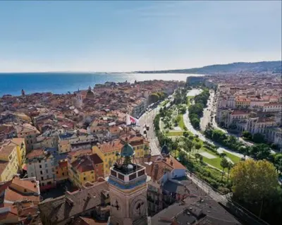 an aerial view of a city with a clock tower at Super appartement au cœur de Nice! Bonnes vacances in Nice