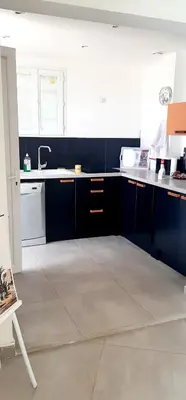 a kitchen with black cabinets and a white sink at Perle in Nice