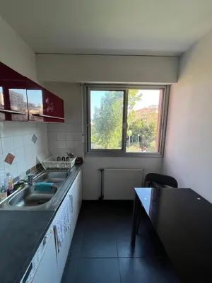 a small kitchen with a sink and a window at 2 pièces avec terrasse en résidence privée in Nice