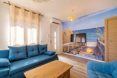 a living room with a blue couch and a fireplace at Magnifique pavillon indépendant T2 Nice in Nice