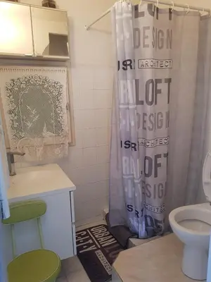 a bathroom with a shower curtain and a toilet at studio pour 3 personnes au calme dans villa in Nice