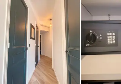 a kitchen with a blue door and a microwave at Nestor&Jeeves - BLUE PEARL - Port area - Close Old Town in Nice