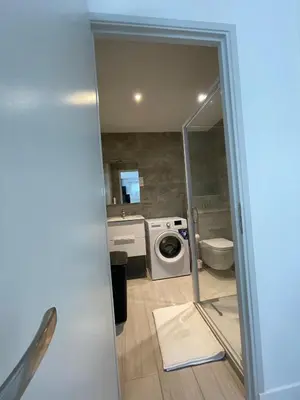 a bathroom with a washing machine and a sink at appartement bas de villa avec piscine privée partagée proche bord de mer in Cagnes-sur-Mer