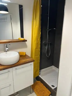 a bathroom with a sink and a shower with a shower curtain at Ninon in Nice