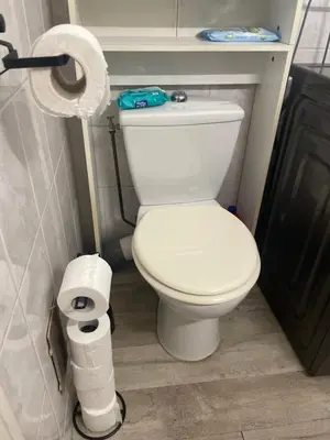 a white toilet in a bathroom with toilet paper at I Love you Berry Berry Much! in Nice