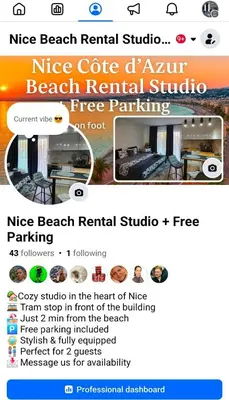 a screenshot of a message about a nice beach rental studio at Lovely 1 bedroom vacation home with free parking. in Nice