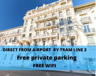 a building with the text direct from airport by tram line free private parking at LE 323 PROM - BEACHFRONT - PARKING - NEAR TRAM &SUPERMARKET - AC - washing machine in Nice