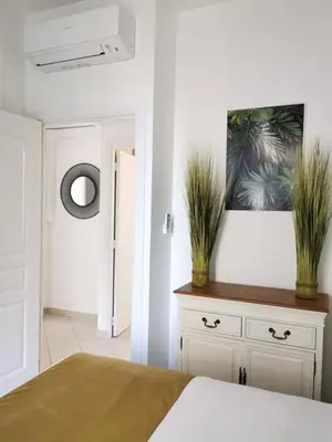 a bedroom with a bed and two plants on a dresser at Aston - Appartement Centre Ville Massena in Nice