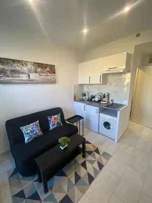 a living room with a couch and a kitchen at Studio sur avenue jean médecin à Nice in Nice