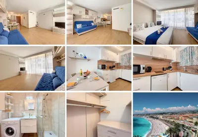 a collage of photos of a apartment at Nestor&Jeeves - THAIS BEACH - Central - Very close sea - Pedestrian zone in Nice