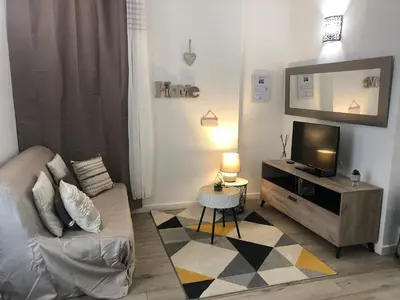 a living room with a couch and a television at Nice, Seaside apartment in Nice