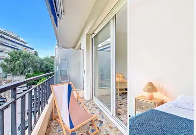 a room with a balcony with a bed and a window at Nestor&Jeeves - SOLAR - By sea - Balcony in Nice