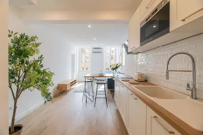 a kitchen with white cabinets and a tree in it at A/C & BALNEO in of Carré d'Or NICE #RENOVATED in Nice
