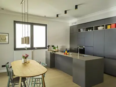 a kitchen with a table and a dining room at Exceptional brand new flat, 20 m from beach, 85 sq in Nice