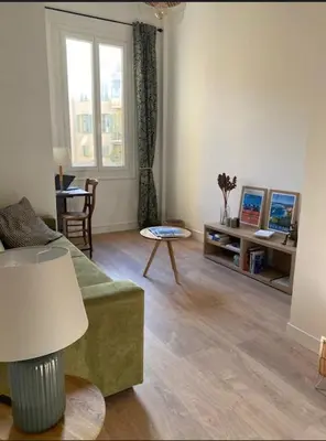 a living room with a green couch and a window at Studio Nice Le Palais, avec cuisine et espace repas séparés, dans immeuble niçois, Port de Nice, Vieux Nice, Place du pin et Garibaldi, Colline du château, à 2 minutes de la promenade des Anglais in Nice