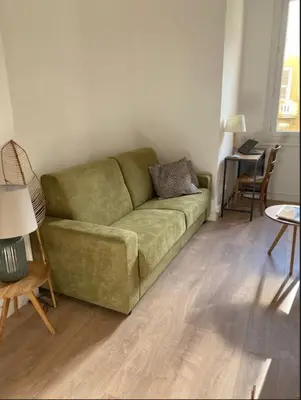 a green couch sitting in a living room at Studio Nice Le Palais, avec cuisine et espace repas séparés, dans immeuble niçois, Port de Nice, Vieux Nice, Place du pin et Garibaldi, Colline du château, à 2 minutes de la promenade des Anglais in Nice