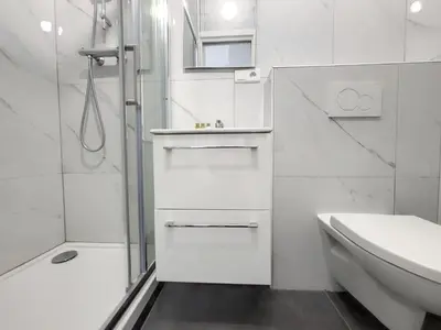 a white bathroom with a shower and a sink at Nestor&Jeeves - ROSIE FRANCE RIVIERA - Close sea - Balcony in Nice