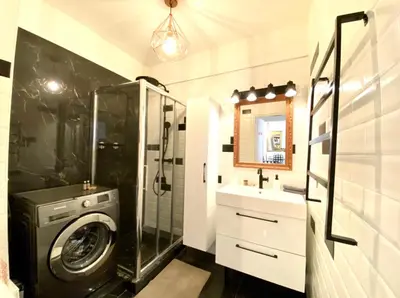 a bathroom with a washing machine and a sink at Cosy Californie in Nice