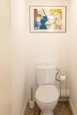 a bathroom with a white toilet with a picture on the wall at #4 Papon Parking climatisé terrasse & wifi 5mins à pieds du Vieux Nice in Nice