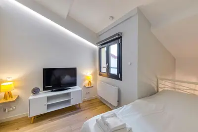 a bedroom with a bed and a flat screen tv at #14 Duplex Tonduti terrace 5min Old Town in Nice