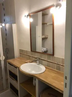 a bathroom with a sink and a mirror at Maison de village vue montagne in La Gaude