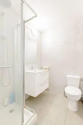a white bathroom with a toilet and a shower at Private room in renovated apartment - Tram 1 min walk in Nice