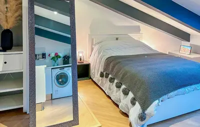 a bedroom with a bed and a washing machine at Nice Apartment In Nice With Wifi in Nice
