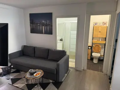 a living room with a couch and a toilet at 4 pièces à Nice - 20 min de la plage in Nice