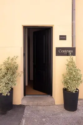 a black door with two potted plants in front of it at Centrum Nice in Nice