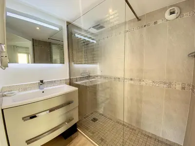 a bathroom with a shower and a sink and a mirror at A303- Appartement 3 pieces 4 personnes- Le Crystal in Cagnes-sur-Mer