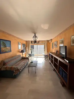 a large living room with a couch and a tv at Appartamento con vista Promenade in Nice