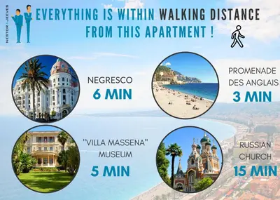 a collage of cities in malta with the words everything is within walking distance at Nestor&Jeeves - VANINA - Central - Close sea in Nice