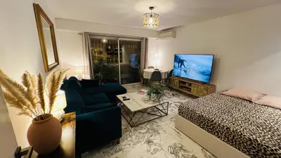 a living room with a bed and a couch and a tv at John Homestay Room in Nice in Nice