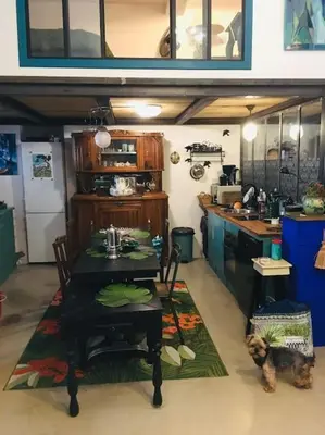 a kitchen with a table and a dog in a room at LOFT D ARTISTES AVEC PATIO AU PORT DE NICE in Nice